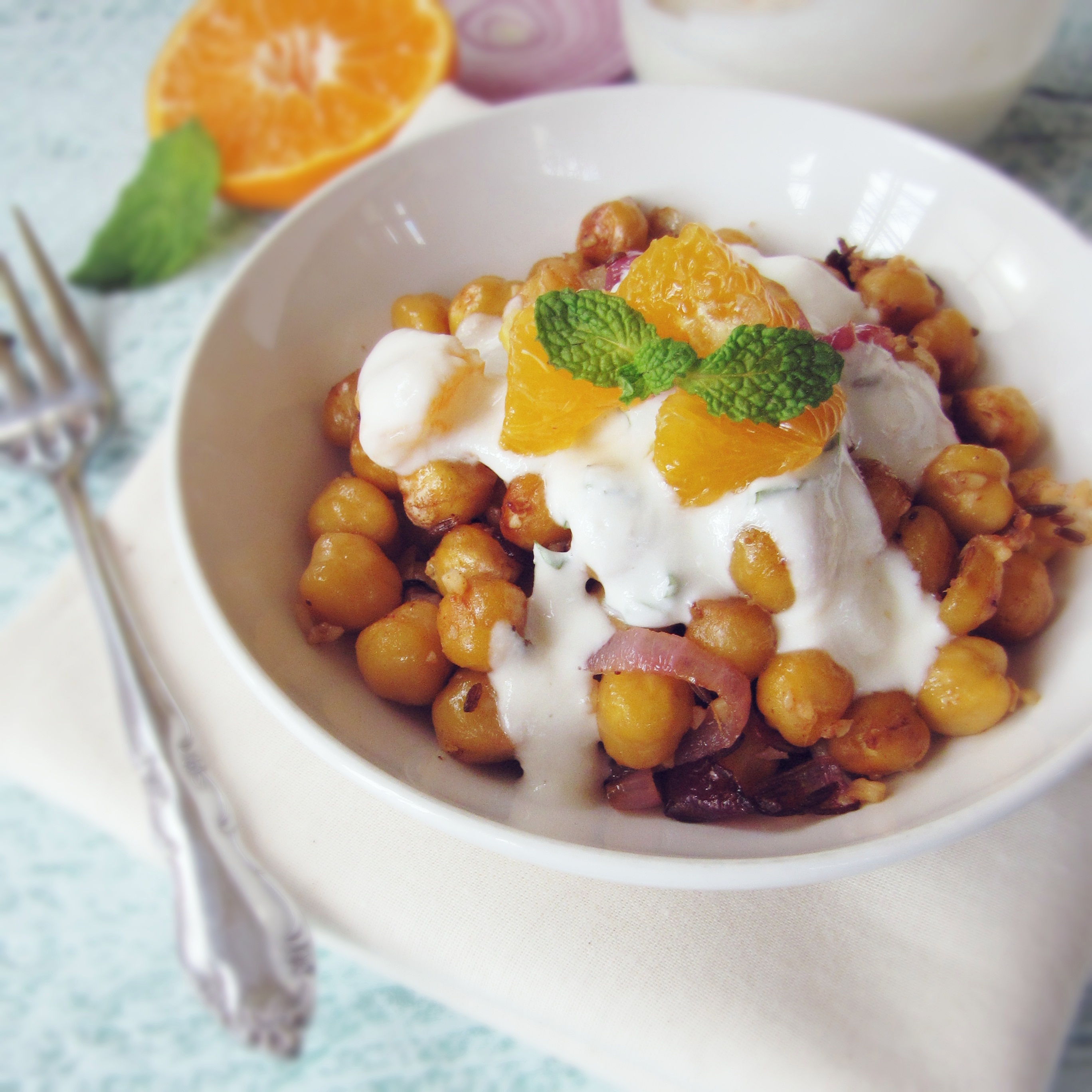 Fried Chickpeas with Orange-Mint-Yogurt Sauce