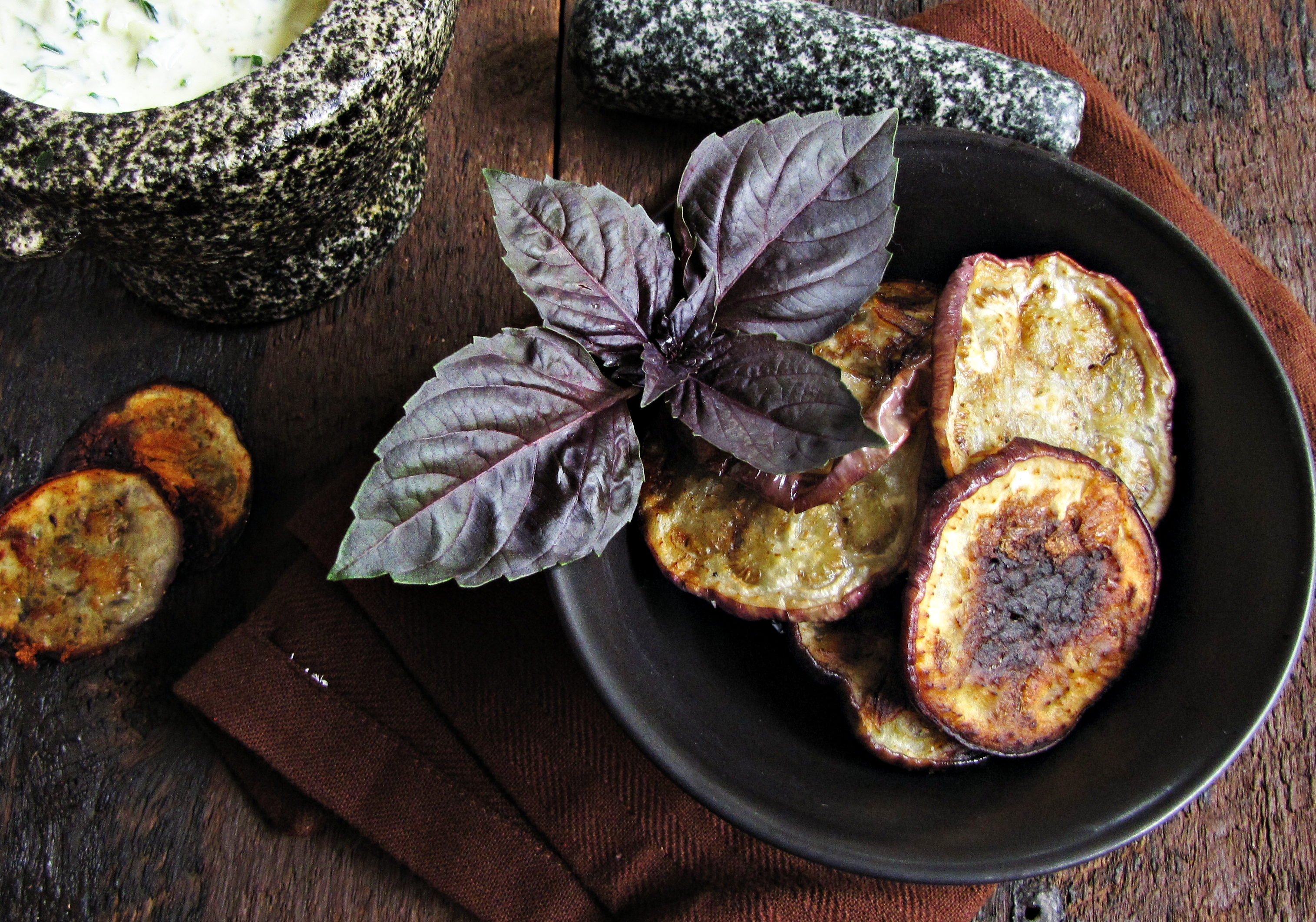 Greatist Collaboration: Garlicky Eggplant Chips with Basil Yogurt Sauce