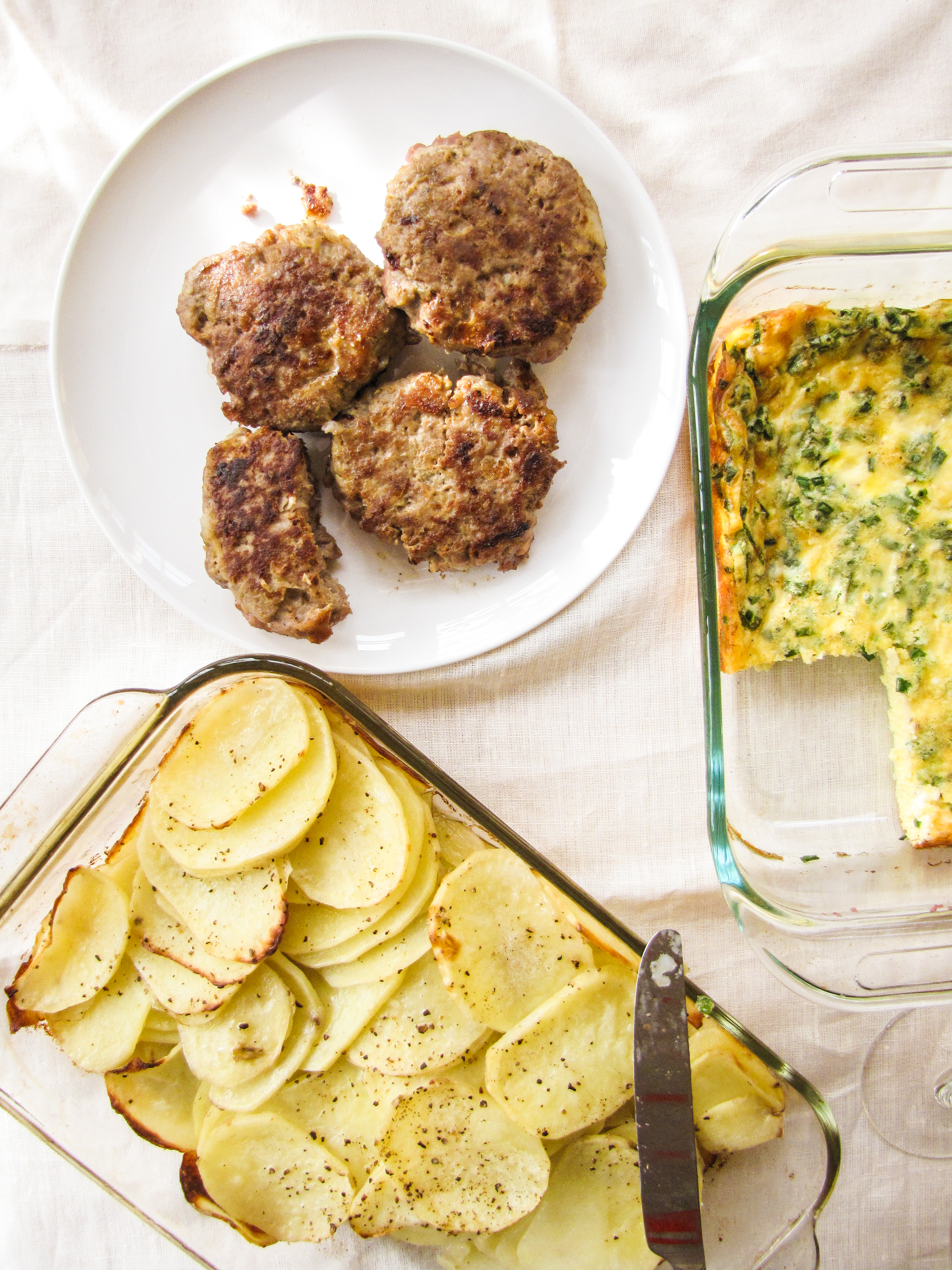 Christmas Morning Brunch - Spiced Turkey Sausage, Gruyere Egg Custard, Buttered Potatoes {Katie at the Kitchen Door}