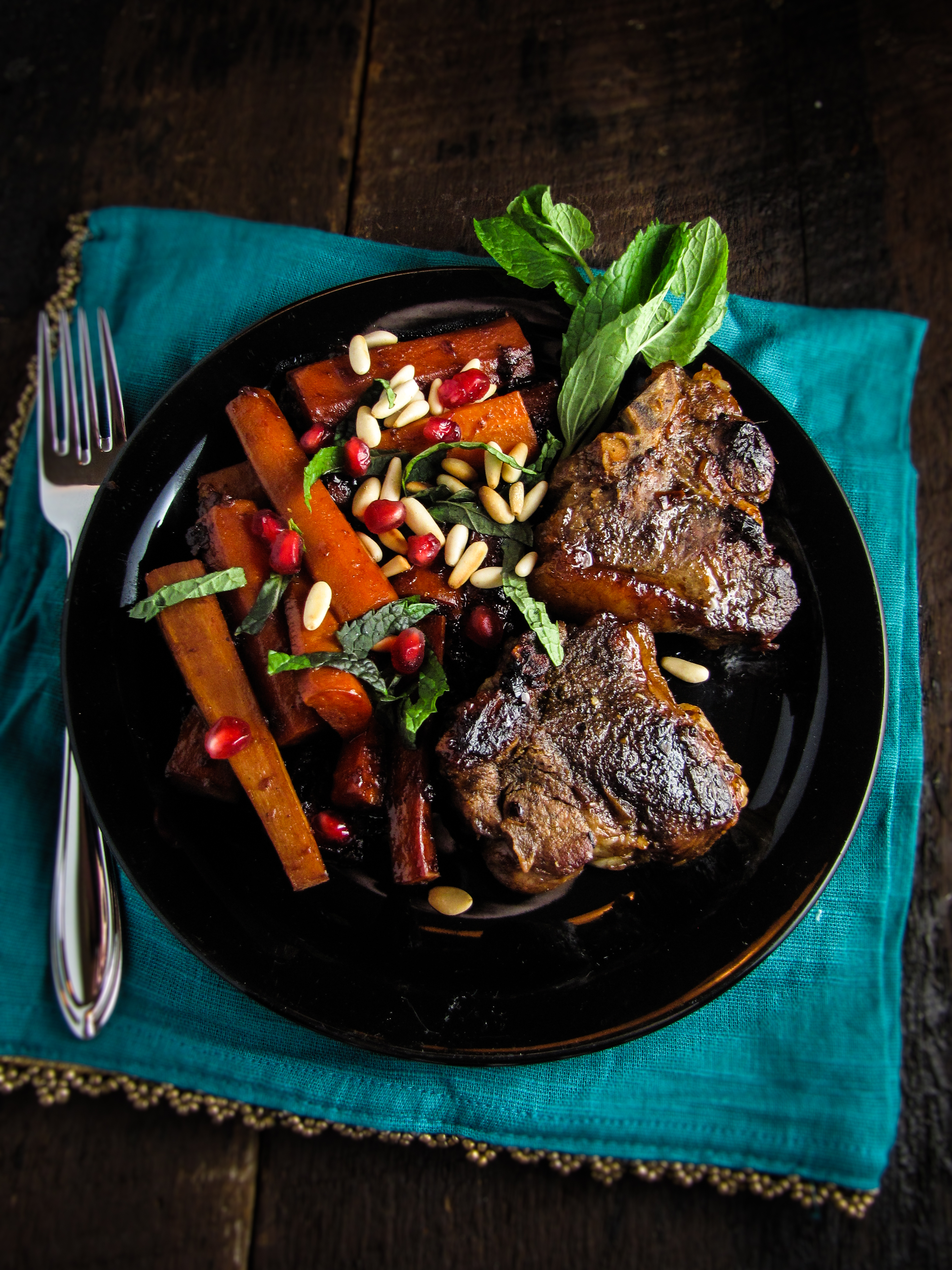 Pomegranate-Glazed Lamb Chops and Carrots {Katie at the Kitchen Door}