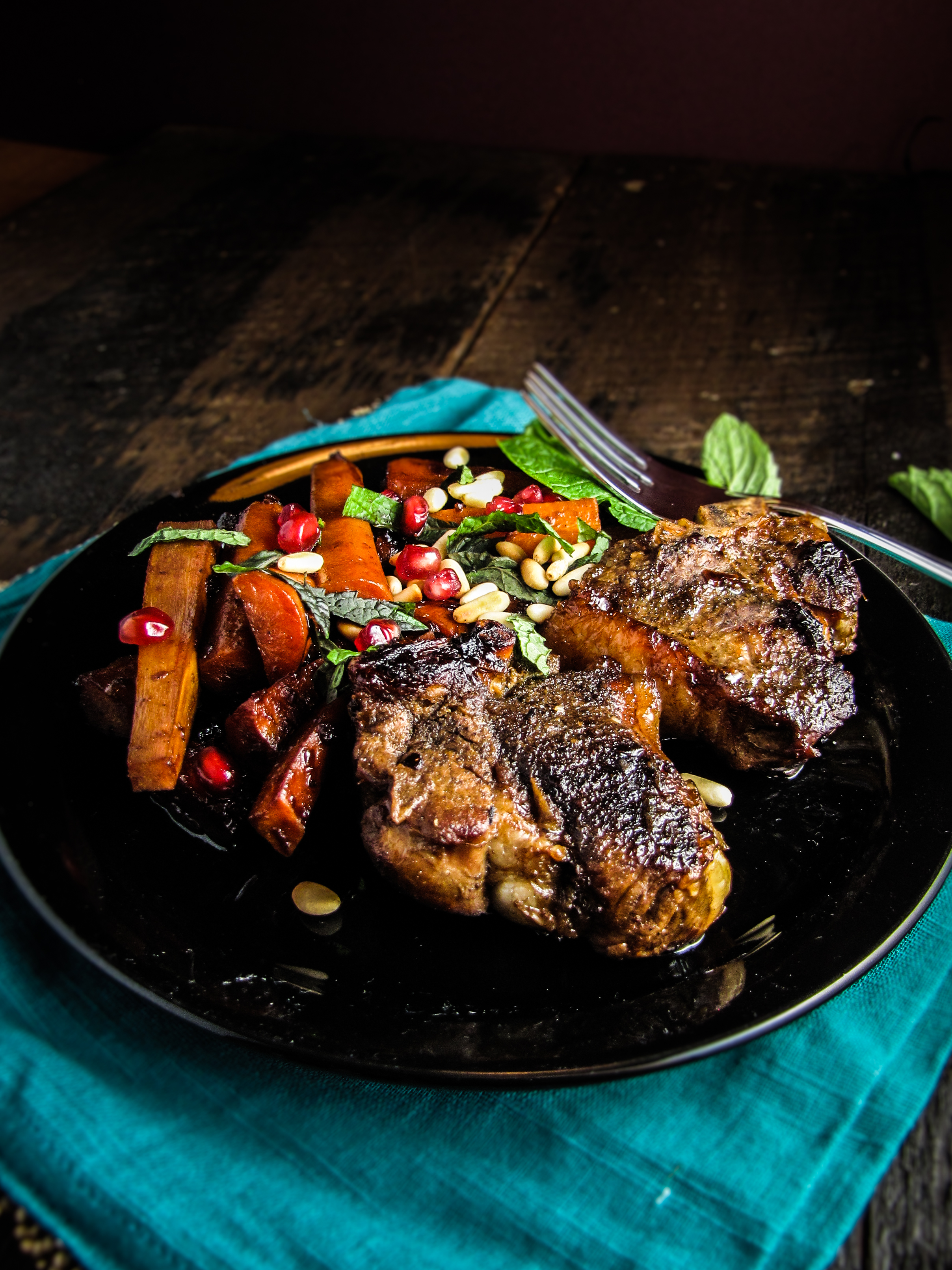 Pomegranate-Glazed Lamb Chops and Carrots {Katie at the Kitchen Door}