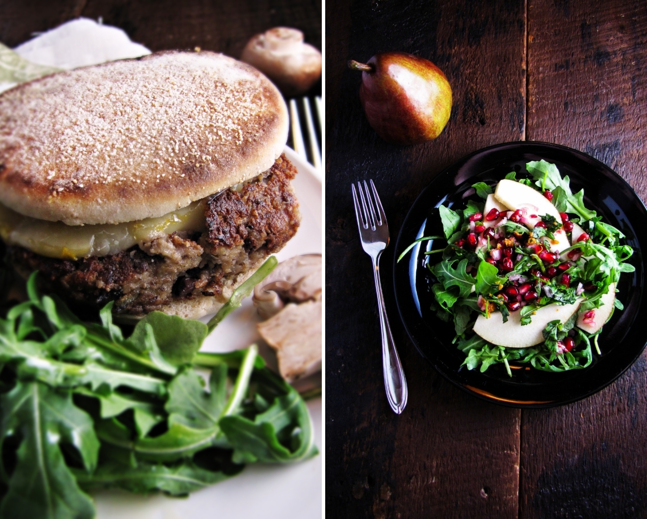 Winter Cleanse Week Two - Mushroom and Olive Veggie  Burger, Pear and Pomegranate Salad