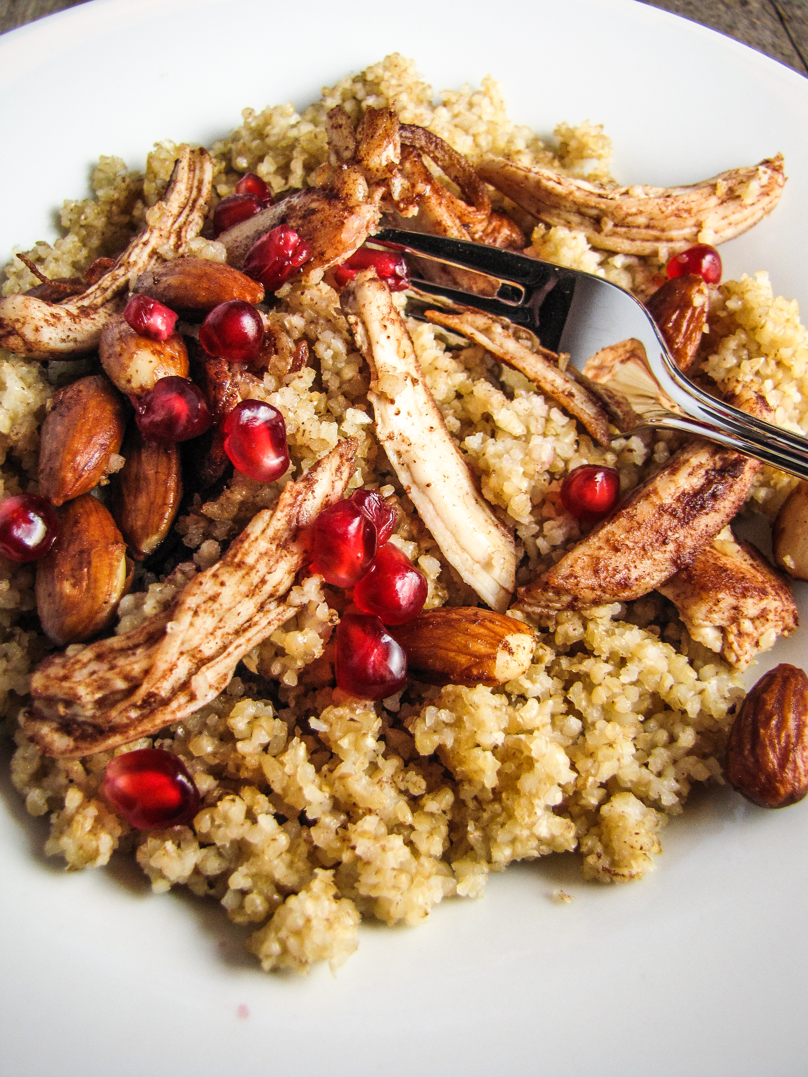 Bulghur with Butter-and-Cinnamon-Roasted Chicken and Almonds {Katie at the Kitchen Door}