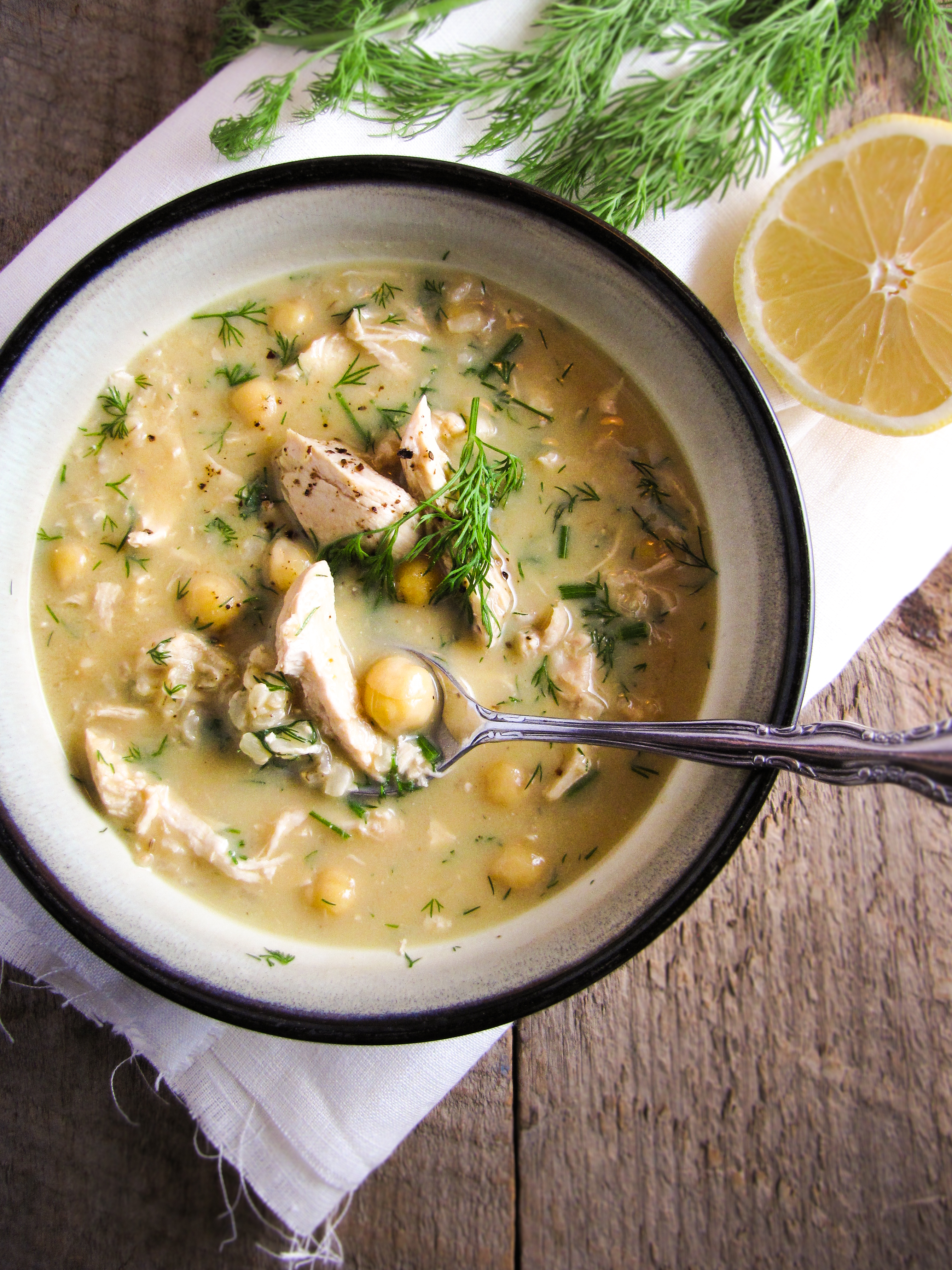 Greek Egg and Lemon Soup with Chicken, Brown Rice, and Chickpea {Katie at the Kitchen Door}