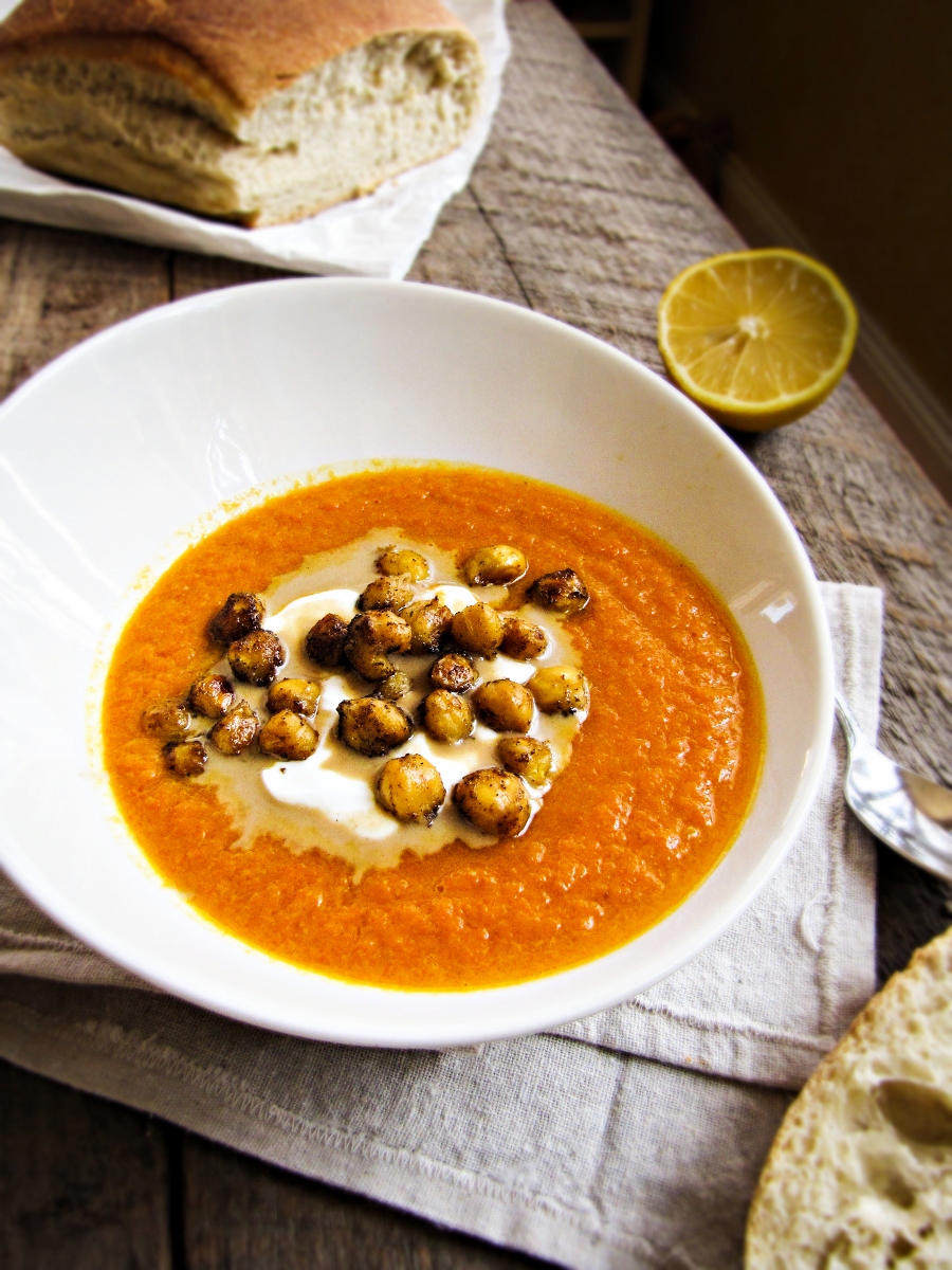 Roasted Carrot and Tahini Soup with Chickpeas {Katie at the Kitchen Door}