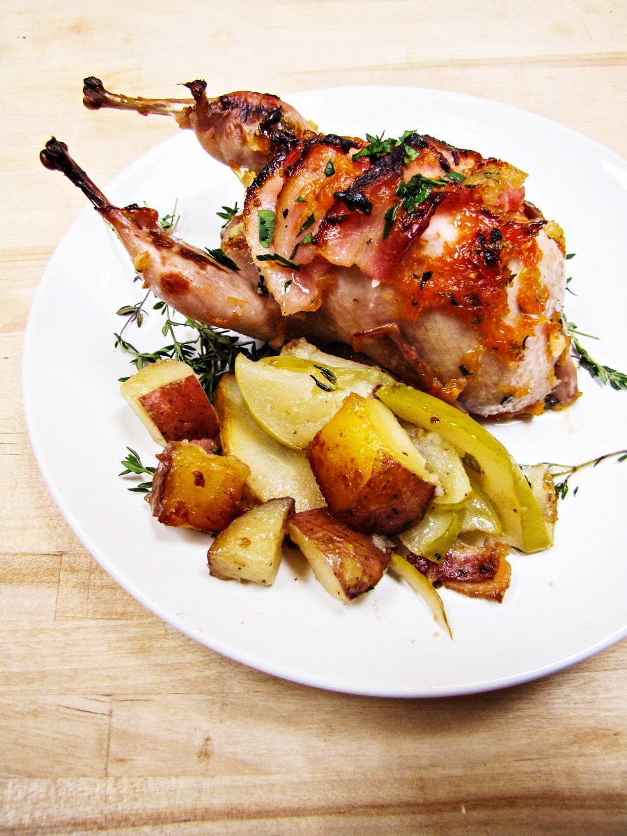 Stuffed Quail with Marmalade, Whiskey, and Bacon and "Hot Lightning" - A Roast of Potatoes, Apples, and Pears {Katie at the Kitchen Door}