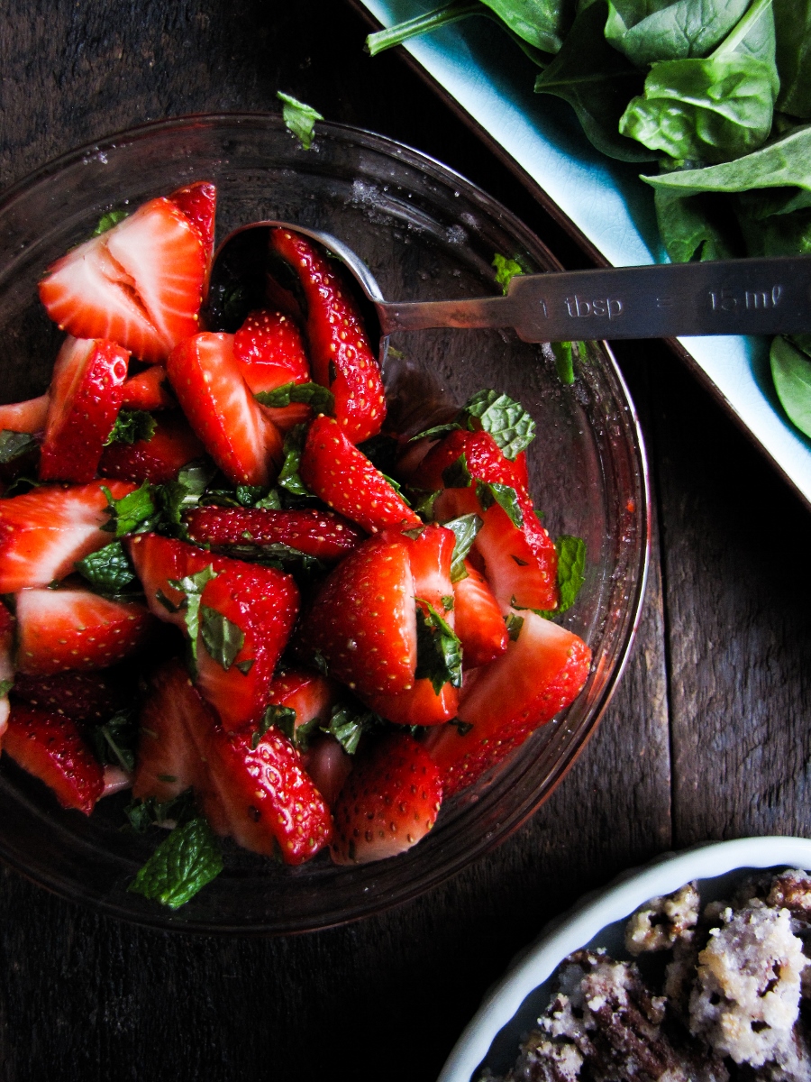 Strawberry Balsamic Salad with Candied Pecans and Goat Cheese {Katie at the Kitchen Door}