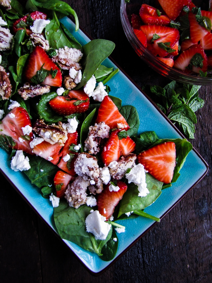 Strawberry Balsamic Salad with Candied Pecans and Goat Cheese {Katie at the Kitchen Door}