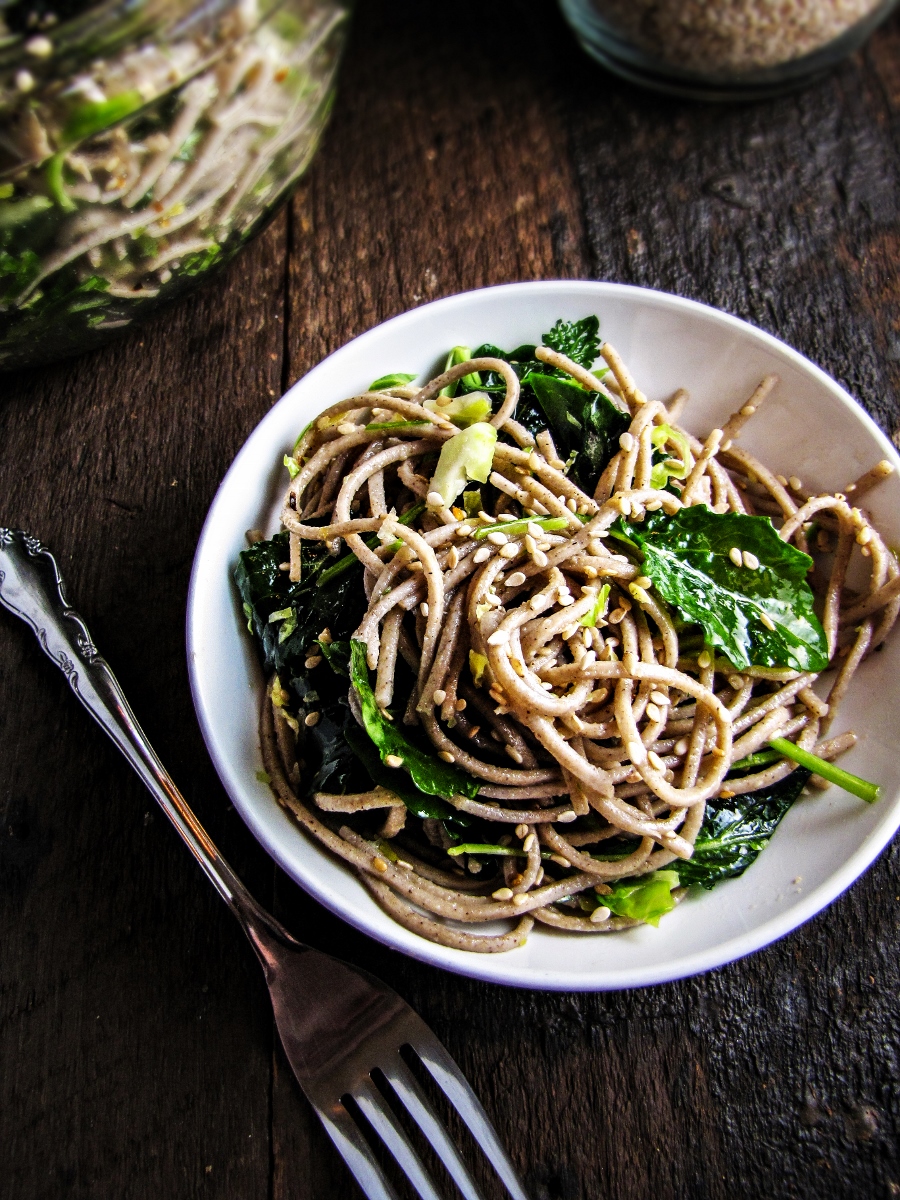 Soba Noodles with Kale, Sesame and Slivered Brussels Sprouts {Katie at the Kitchen Door}