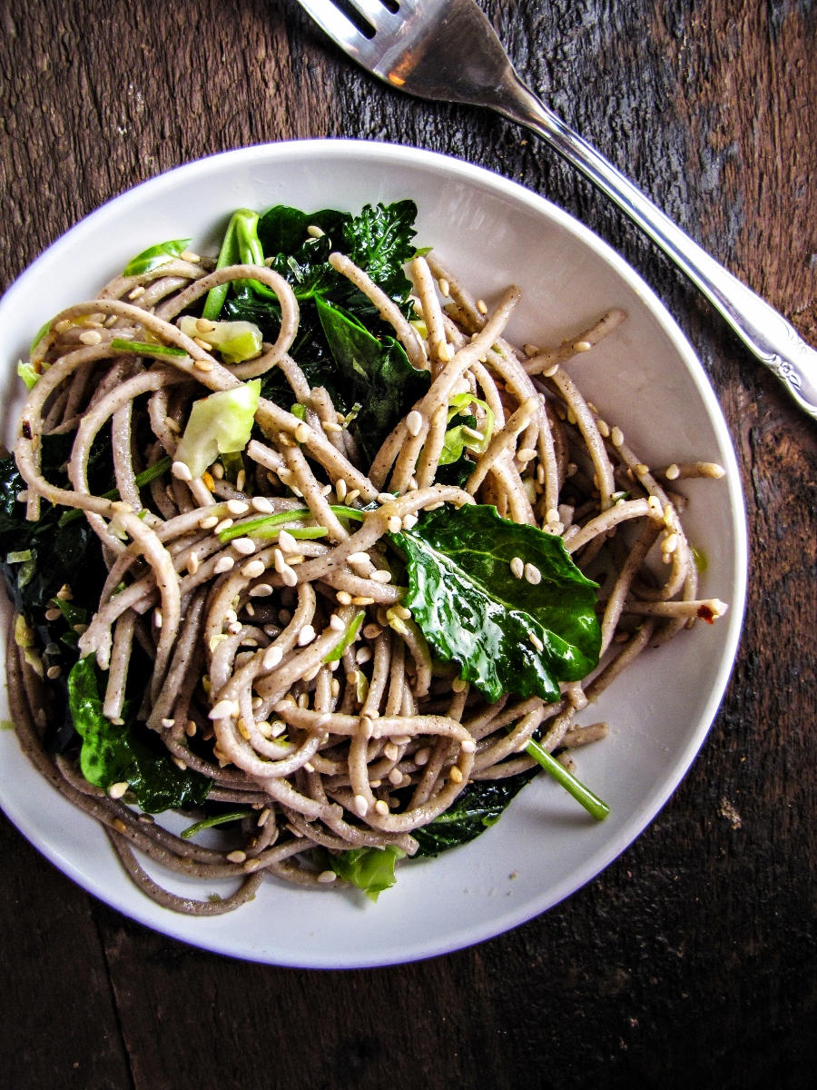Soba Noodles with Kale, Sesame and Slivered Brussels Sprouts {Katie at the Kitchen Door}