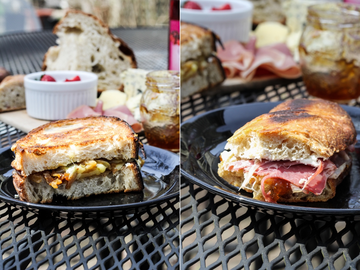 Two Paninis - Grilled Cheese with Caramelized Onions and Blue Cheese, and Fig Jam, Goat Cheese, Prosciutto