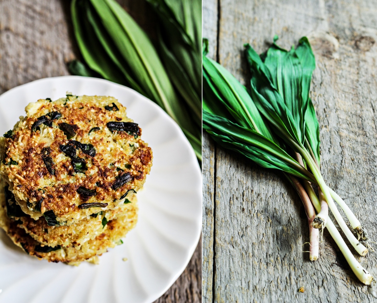 Quinoa and Cauliflower Cakes with Ramps and Feta {Katie at the Kitchen Door}