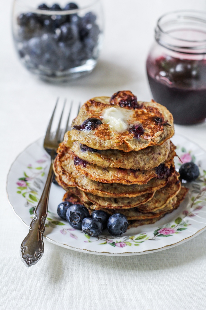 Flourless Banana, Coconut, and Blueberry Pancakes - A Gluten-Free Breakfast from Vegetarian Everyday {Katie at the Kitchen Door}
