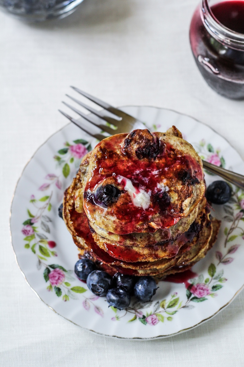 Flourless Banana, Coconut, and Blueberry Pancakes - A Gluten-Free Breakfast from Vegetarian Everyday {Katie at the Kitchen Door}