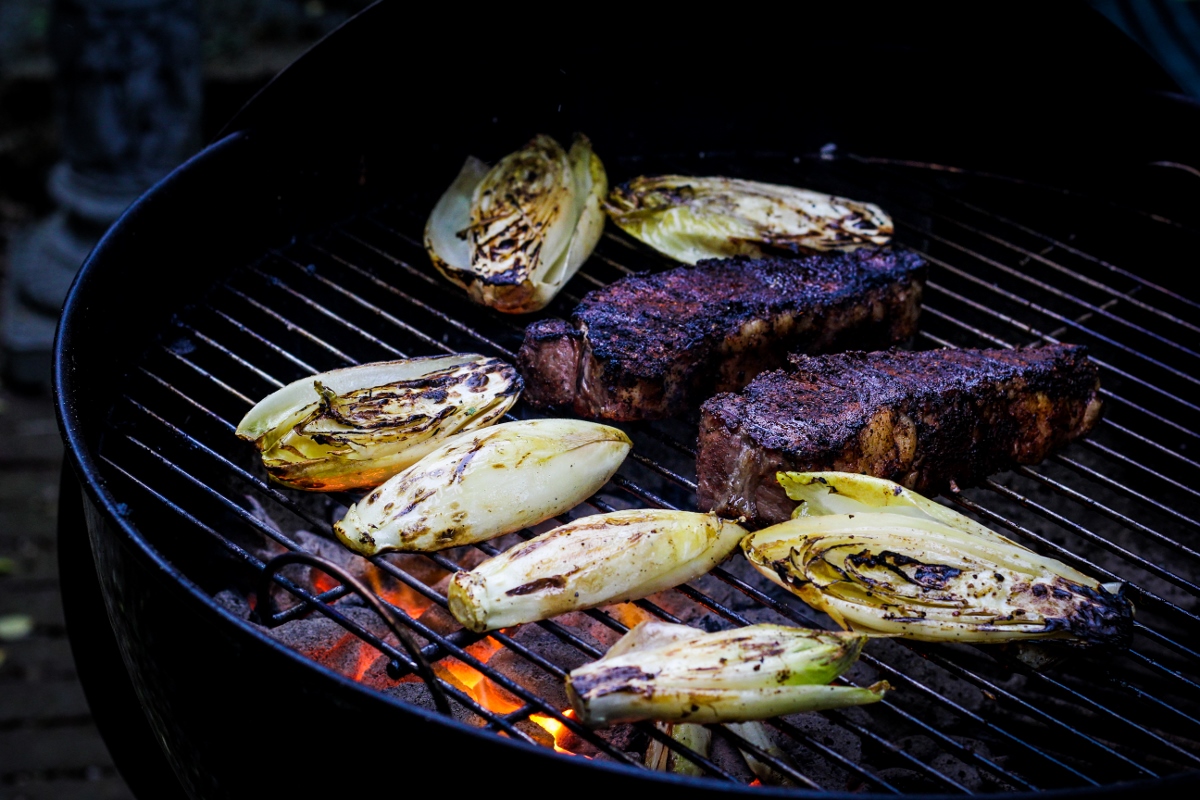 Coffee-and-Chile-Rubbed Strip Steaks, Smoky Belgian Endives {Katie at the Kitchen Door}