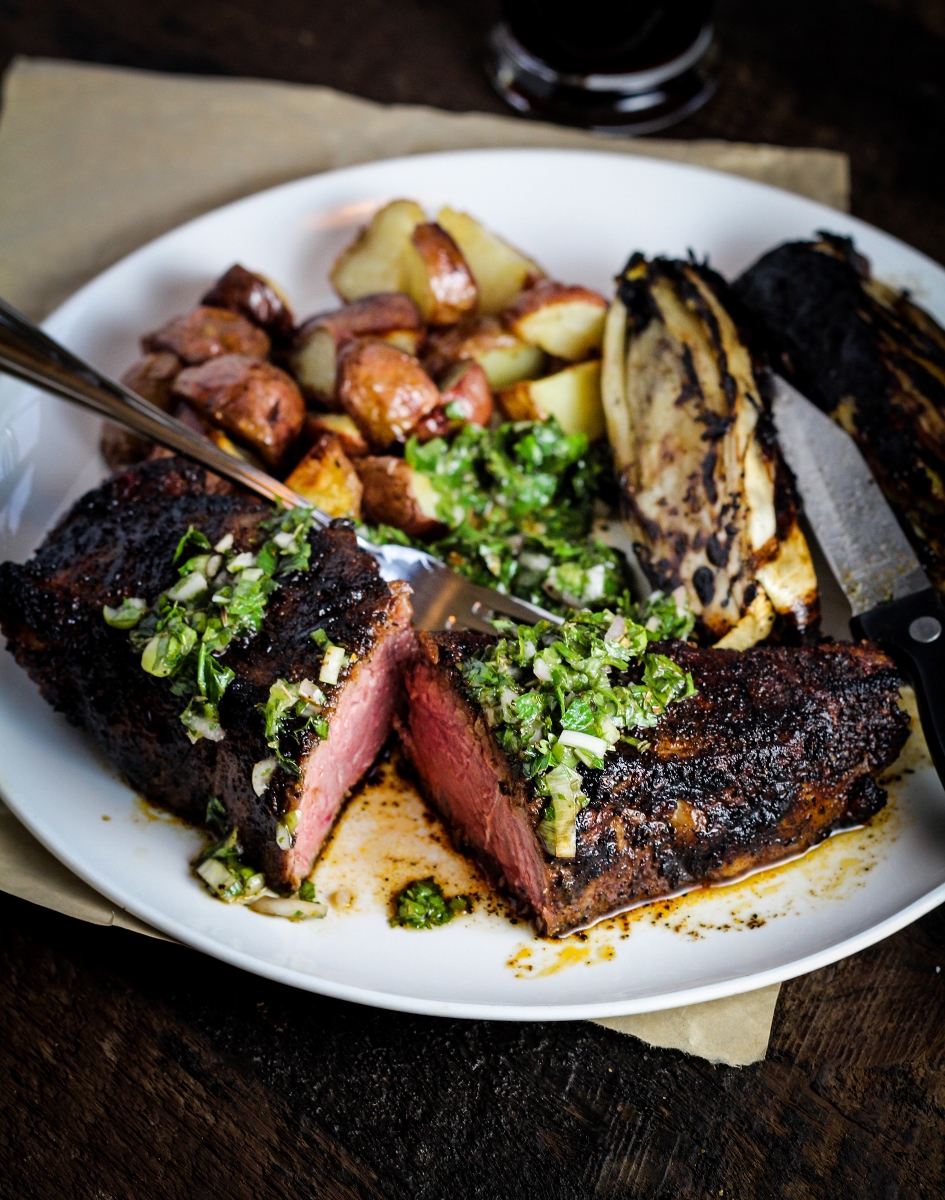 Sunday Dinner // Coffee-Chile Strip Steaks, Grilled Endives, Strawberry-Sour Cream Ice Cream