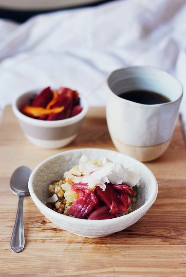 Ingredient of the Week: Rhubarb // Rhubarb Round-Up - Quinoa Porridge with Almond Milk and Rhubarb from Finger Fork Knife