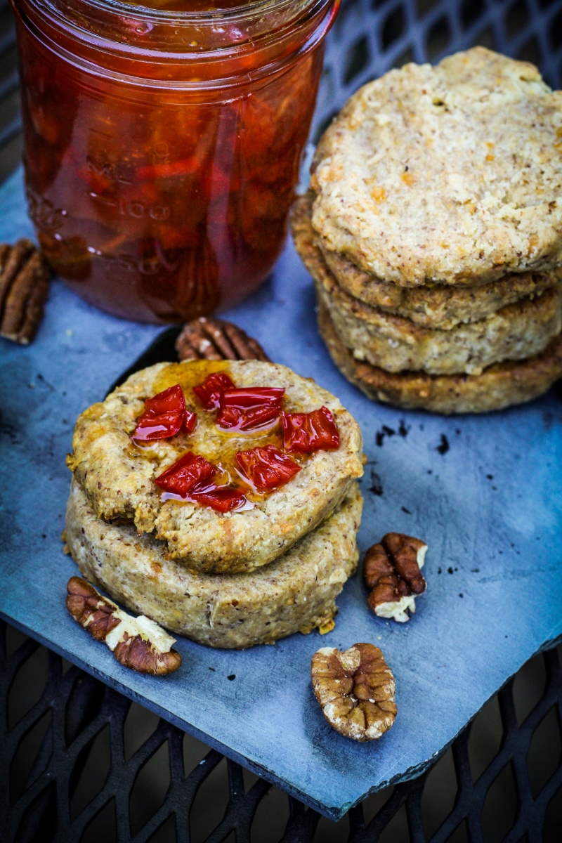 Savory Cheddar-Pecan Cookies with Sriracha Pepper Jelly