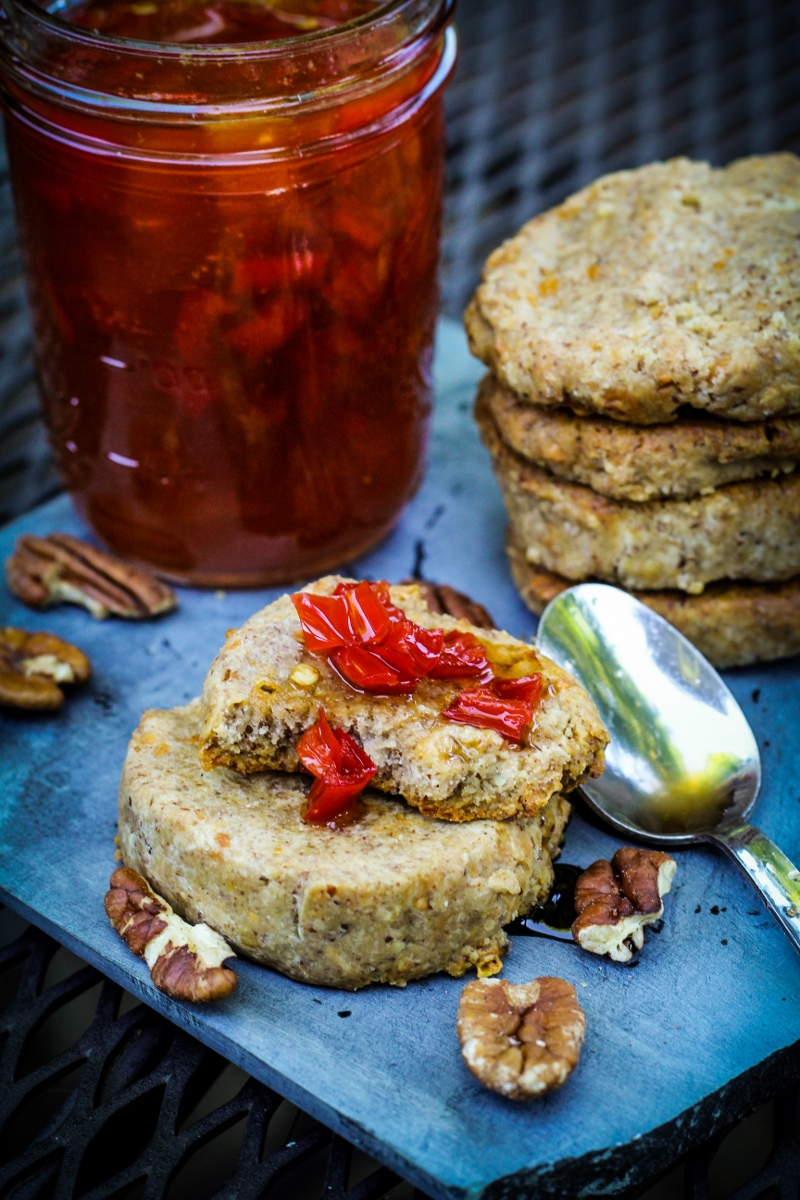 Savory Cheddar-Pecan Cookies with Sriracha Pepper Jelly {Katie at the Kitchen Door}