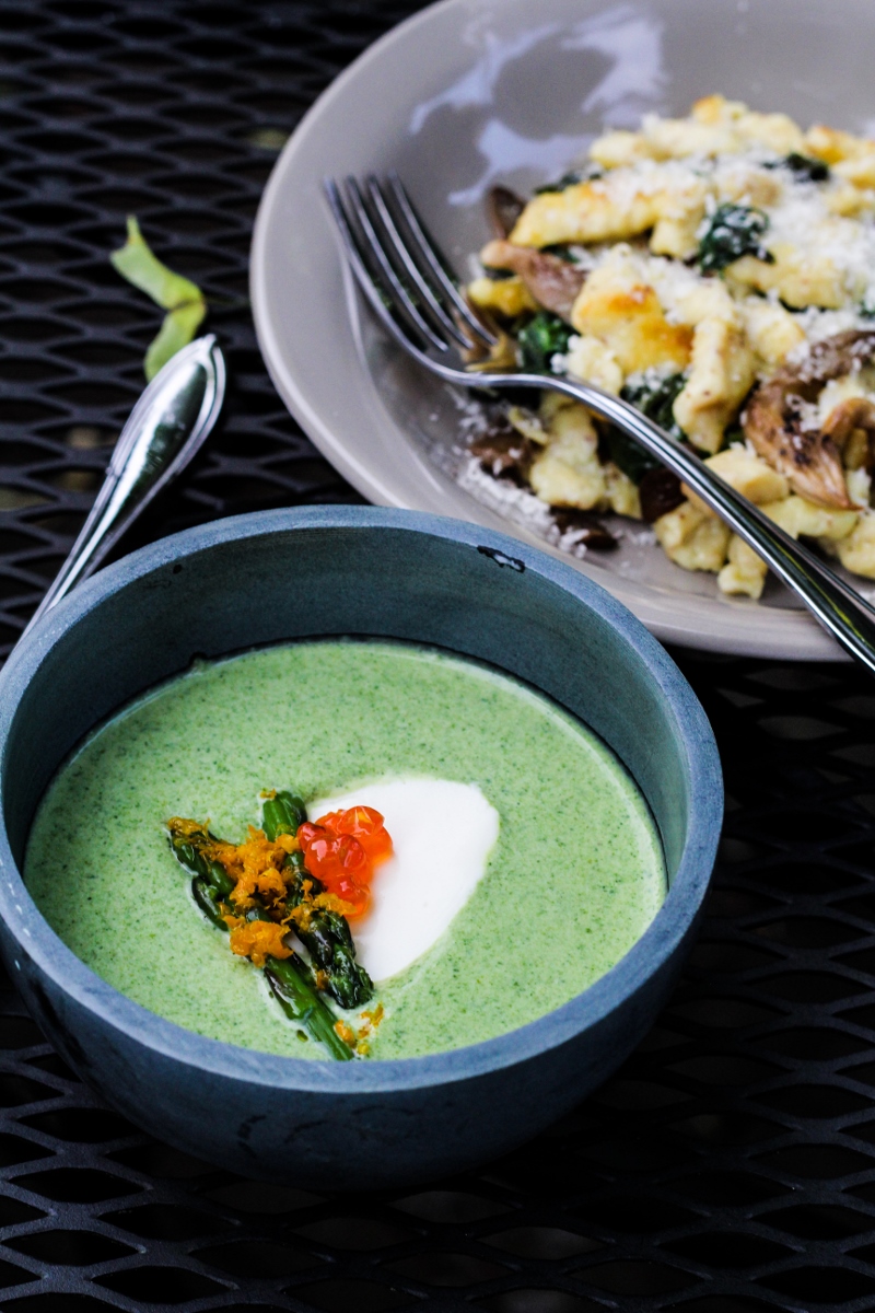 Sunday Dinner // Chilled Asparagus Soup, Mustard Spaetzle with Mushrooms