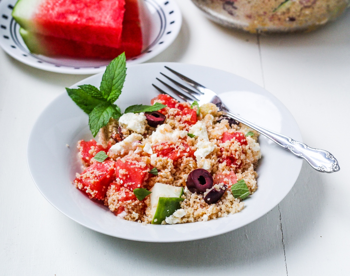 Greek Couscous Salad with Watermelon and Feta {Katie at the Kitchen Door}