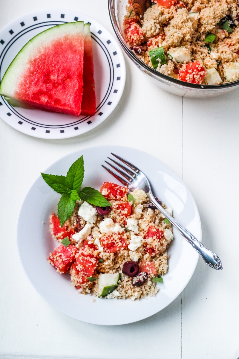 Greek Couscous Salad with Watermelon and Feta {Katie at the Kitchen Door}