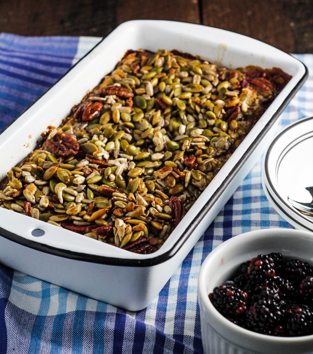 Baked Blackberry Oatmeal with Crunchy Seed Topping {Katie at the Kitchen Door}