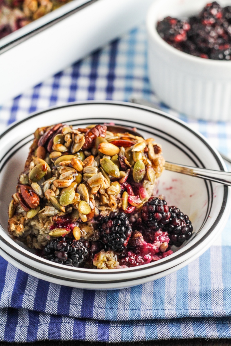 Baked Blackberry Oatmeal with Crunchy Seed Topping {Katie at the Kitchen Door}