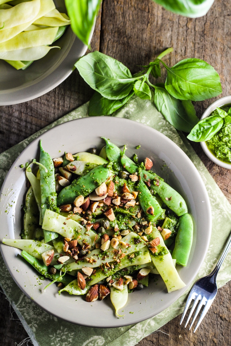 Green Bean Farfalle with Pesto, Capers, and Almonds