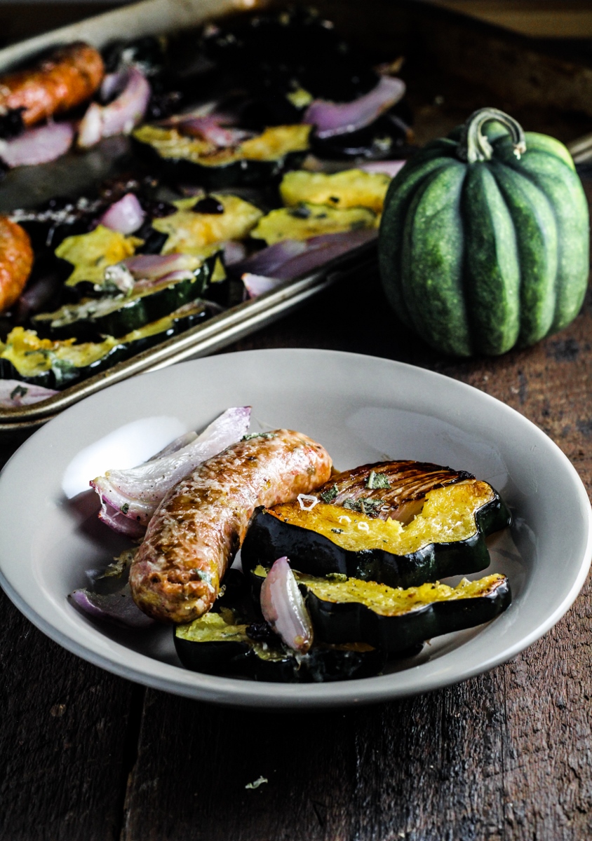 Roast Acorn Squash, Sausage, and Onions with Dried Cherries and Sage {Katie at the Kitchen Door}