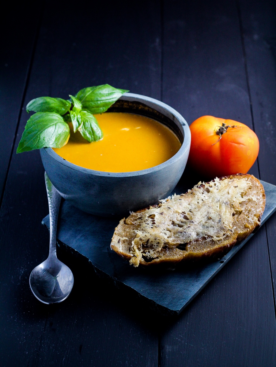 Spicy Fresh Tomato Soup with Caraway-Cheese Toasts {Katie at the Kitchen Door}