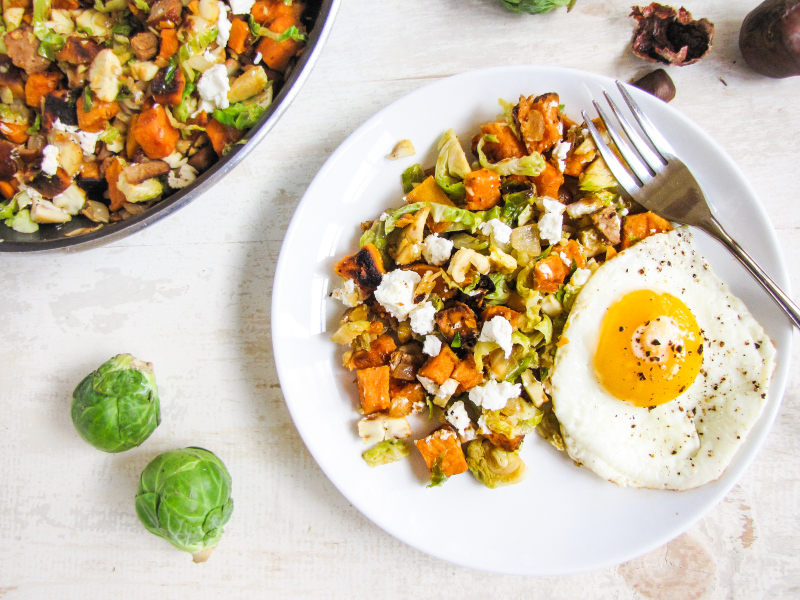 15 Favorite Fall Recipes - Brussels Sprout, Sweet Potato, and Chorizo Hash