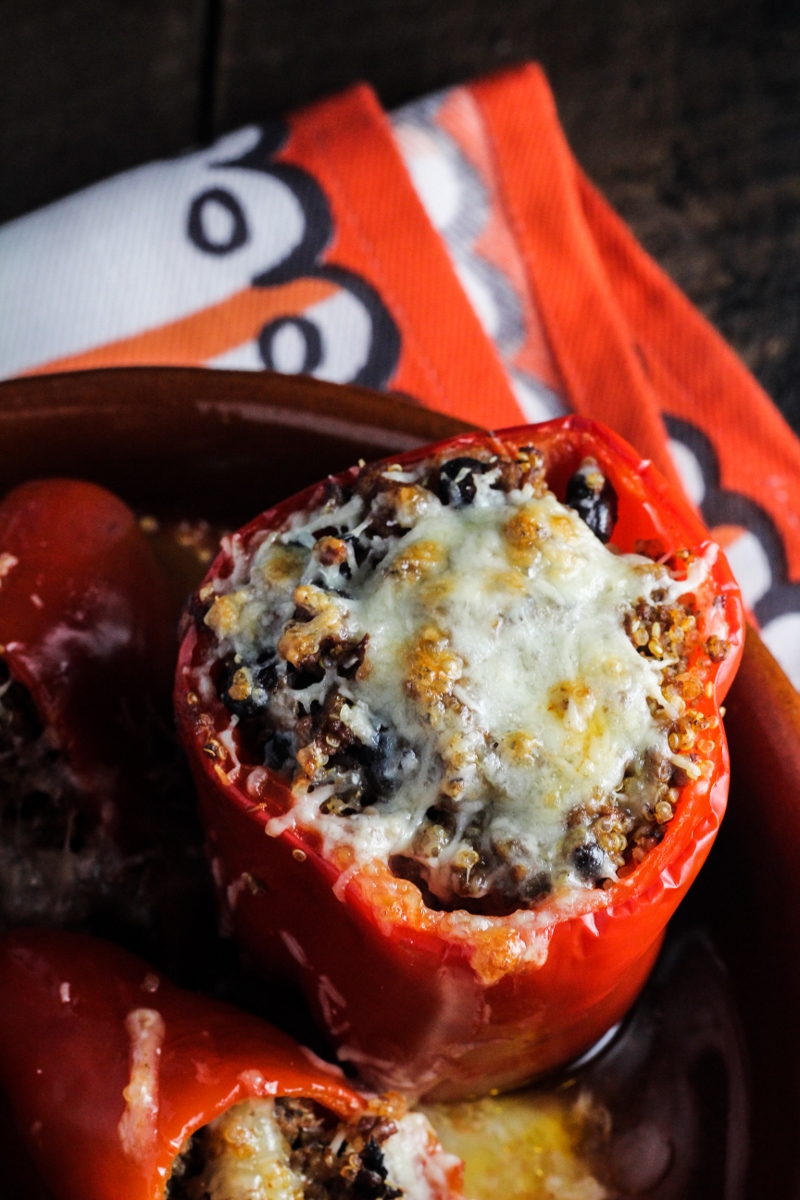 Stuffed Peppers with Black Beans, Quinoa, Beef, and Chipotle Sauce