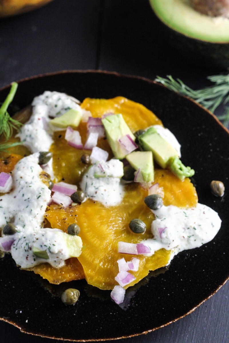 Salt-Roasted Golden Beets with Dill, Avocado, and Capers {Katie at the Kitchen Door}