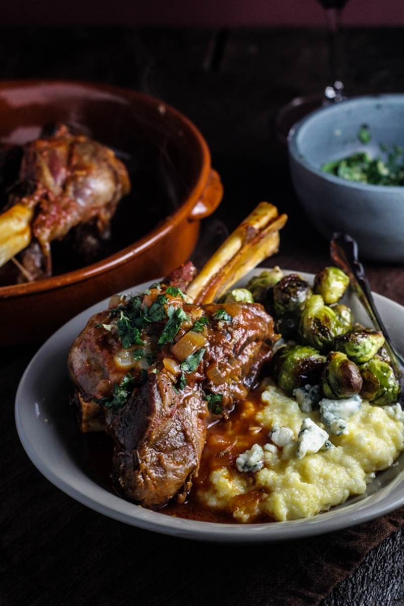 Sunday Dinner // Braised Lamb Shanks with Fresh Corn and Blue Cheese Polenta, Brussels Sprouts, and Classic Apple Pie