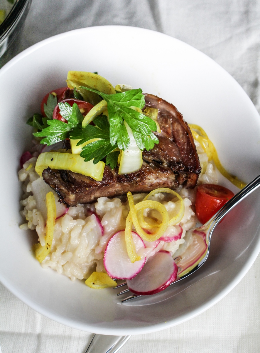 5-Hour Lamb, Pecorino and Radish Risotto, Curry-Pickled Fennel {Katie at the Kitchen Door}
