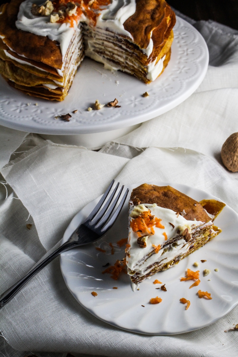Carrot Cake Crepe Cake with Whipped Cream Cheese Frosting {Katie at the Kitchen Door}