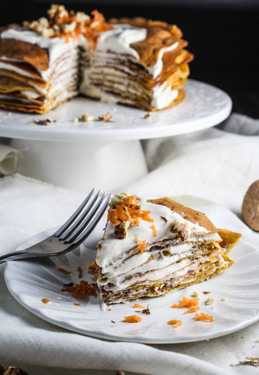Carrot Cake Crepe Cake with Whipped Cream Cheese Frosting {Katie at the Kitchen Door}