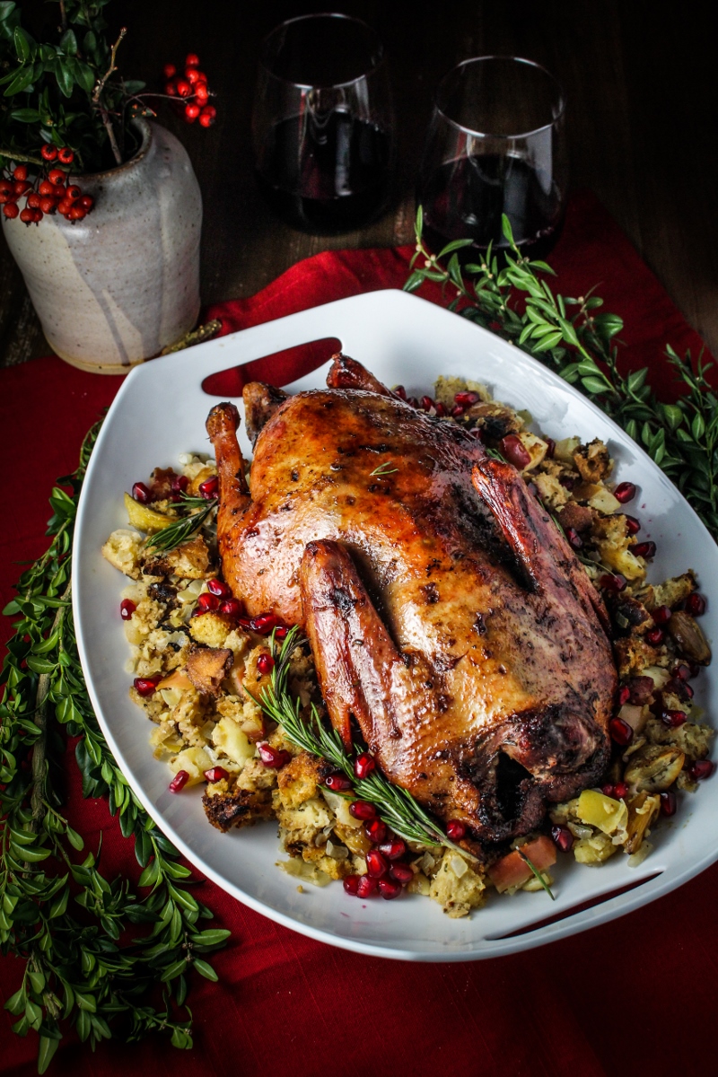 Captain’s Table Christmas // Rum-and-Pomegranate Glazed Roast Duck with Boozy Chestnut-Apple Stuffing