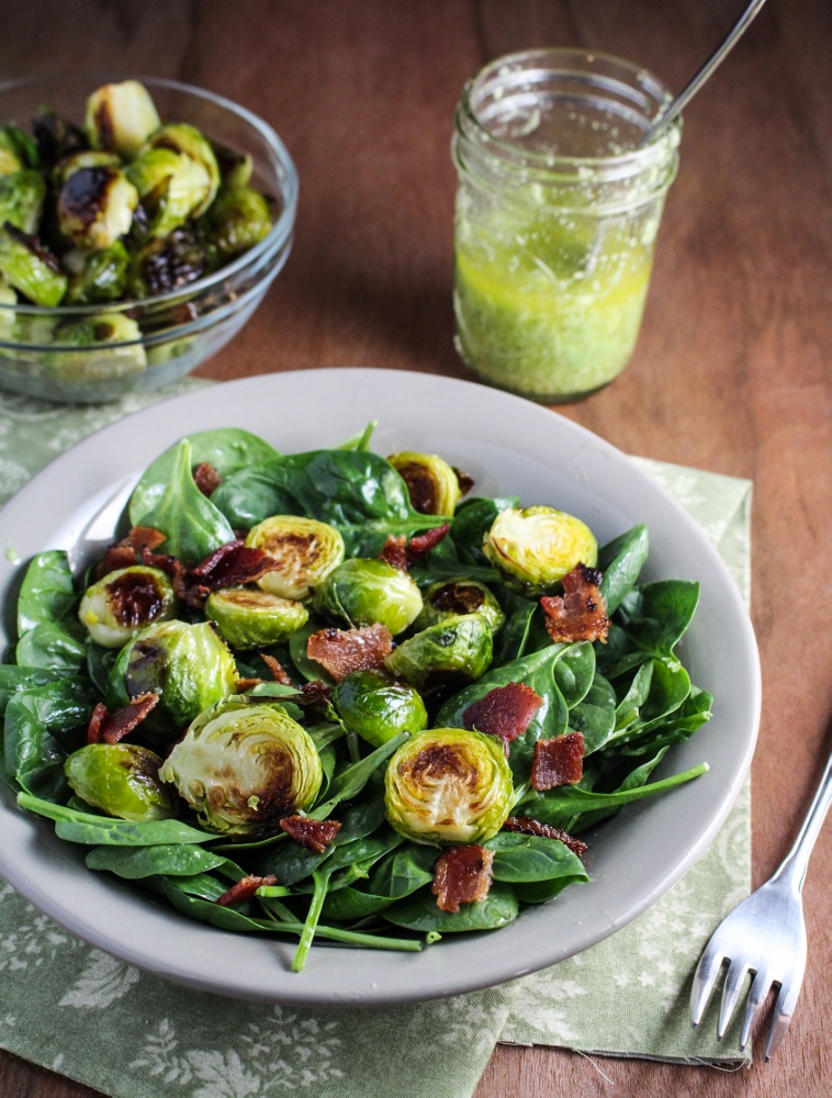 Roasted Brussels Sprout and Bacon Salad with Avocado Vinaigrette {Katie at the Kitchen Door}