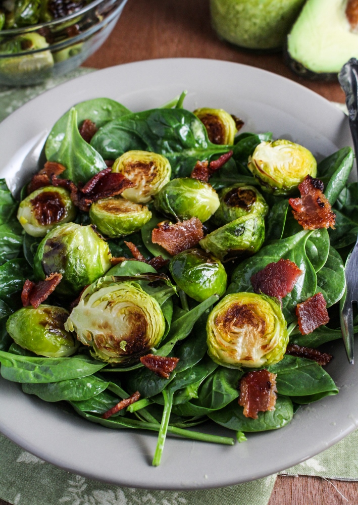 Roasted Brussels Sprout and Bacon Salad with Avocado Vinaigrette