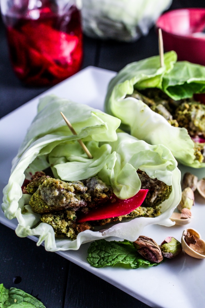 Baked Herb and Pistachio Falafel with Quick-Pickled Turnips {Katie at the Kitchen Door}