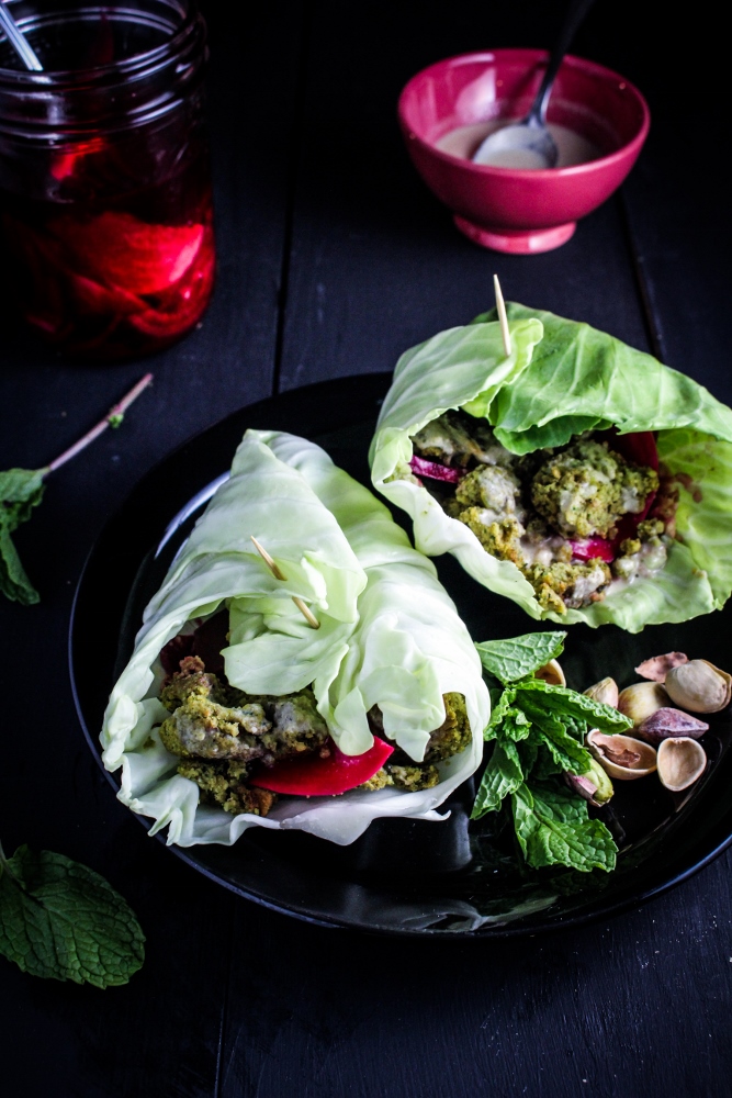 Baked Herb and Pistachio Falafel with Quick-Pickled Turnips {Katie at the Kitchen Door}