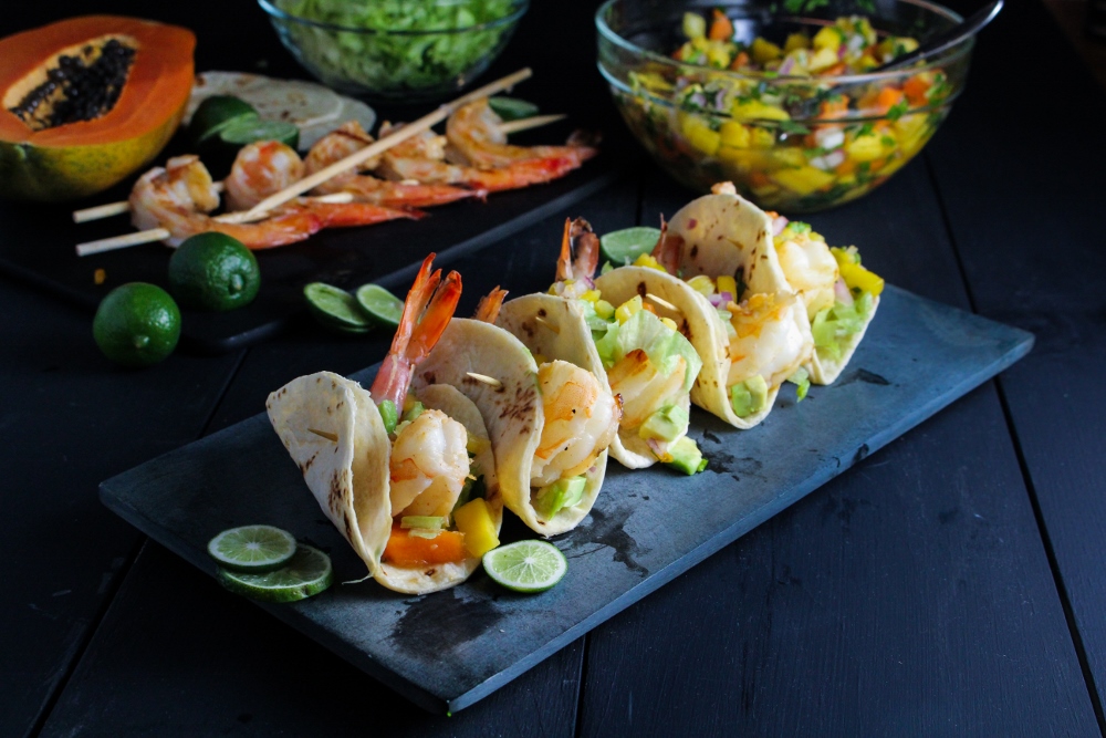 Mini Rum-Glazed Shrimp Tacos with Boozy Tropical Salsa {Katie at the Kitchen Door} #captainstable #superbowl
