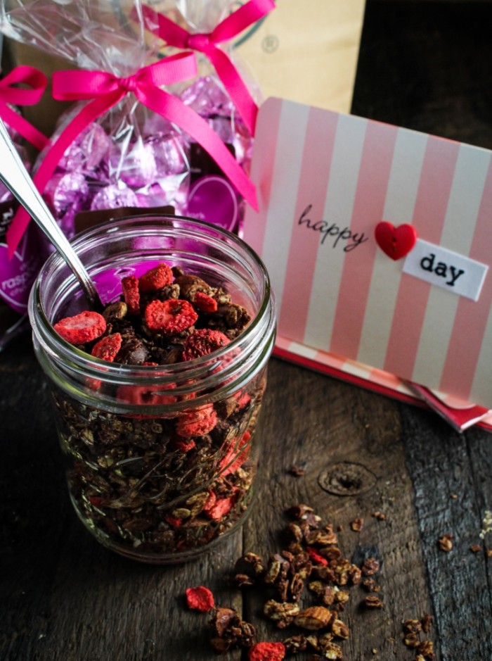 Happy Valentine's Day // Chocolate-Almond-Strawberry Granola - Katie at