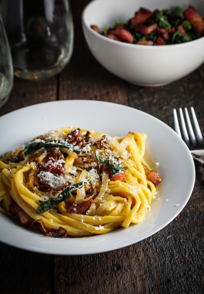 Butternut Squash Carbonara with Caramelized Onions and Fried Sage {Katie at the Kitchen Door}