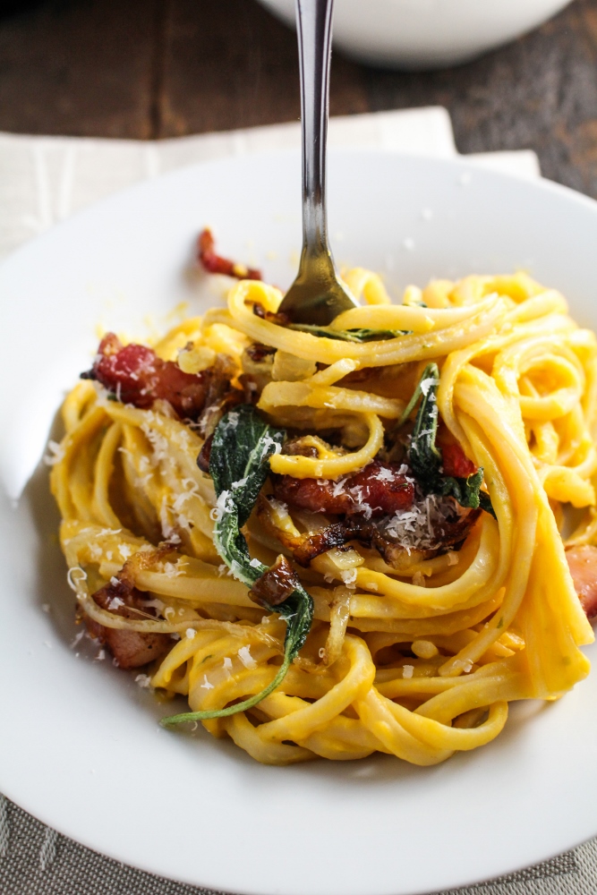 Butternut Squash Carbonara with Caramelized Onions and Fried Sage {Katie at the Kitchen Door}
