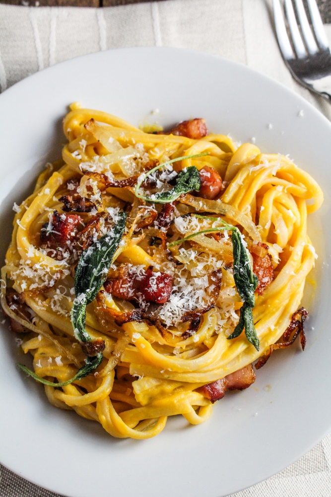 Butternut Squash Carbonara with Fried Sage and Caramelized Onions