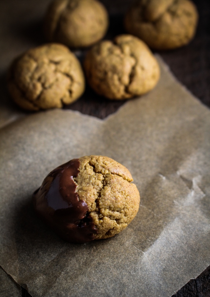 Chocolate-Dipped Almond Butter Cookie Bites {Katie at the Kitchen Door} #healthy #recipe