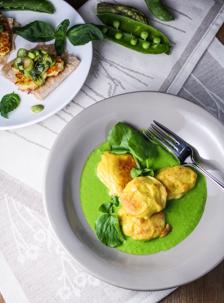 Sunday Dinner // Fried Halloumi with Spring Veggies, French Gnocchi with Watercress Sauce, and Strawberry-Rhubarb Meringue Pots